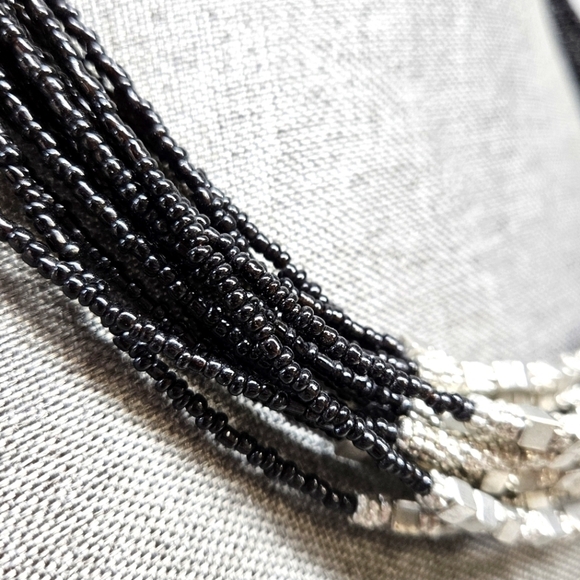 Unique Black Seed Bead Multi-Strand Necklace Silver-Tone Accents Boho - Picture 5 of 6